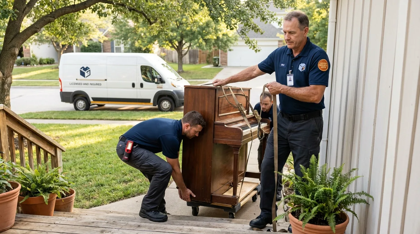 Licensed piano movers securing grand piano in Winterport, ME