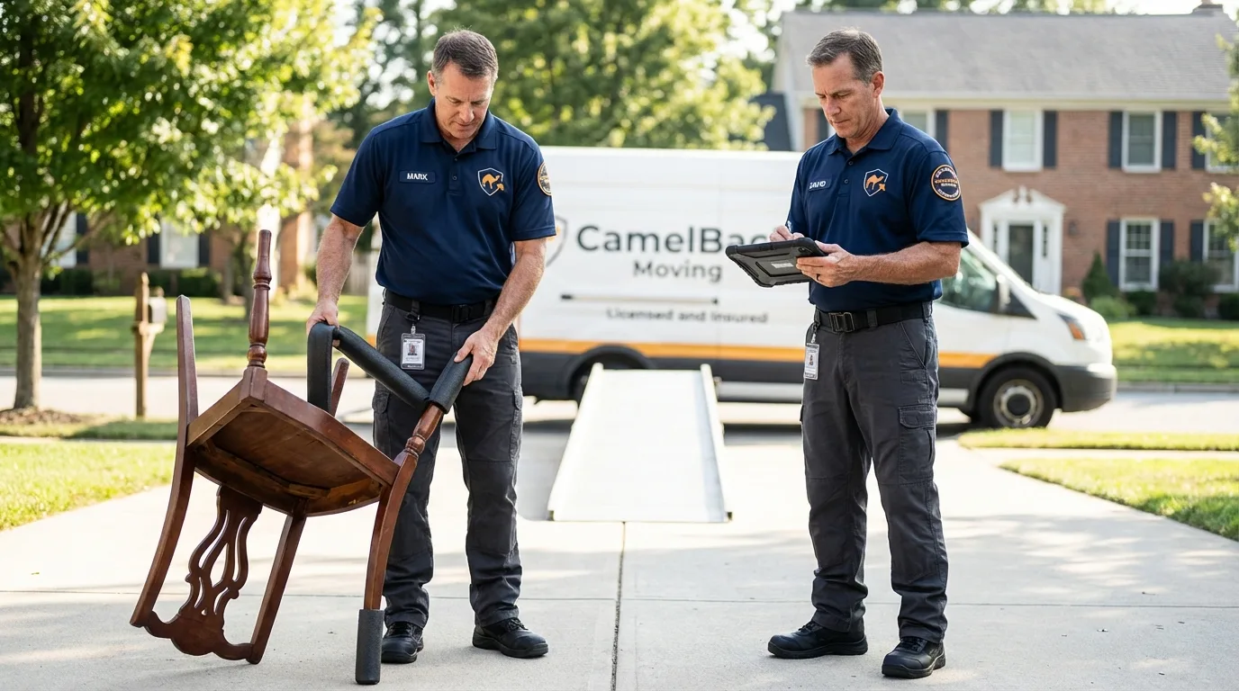 Movers inspecting furniture for damage prevention before loading in Winterport, ME