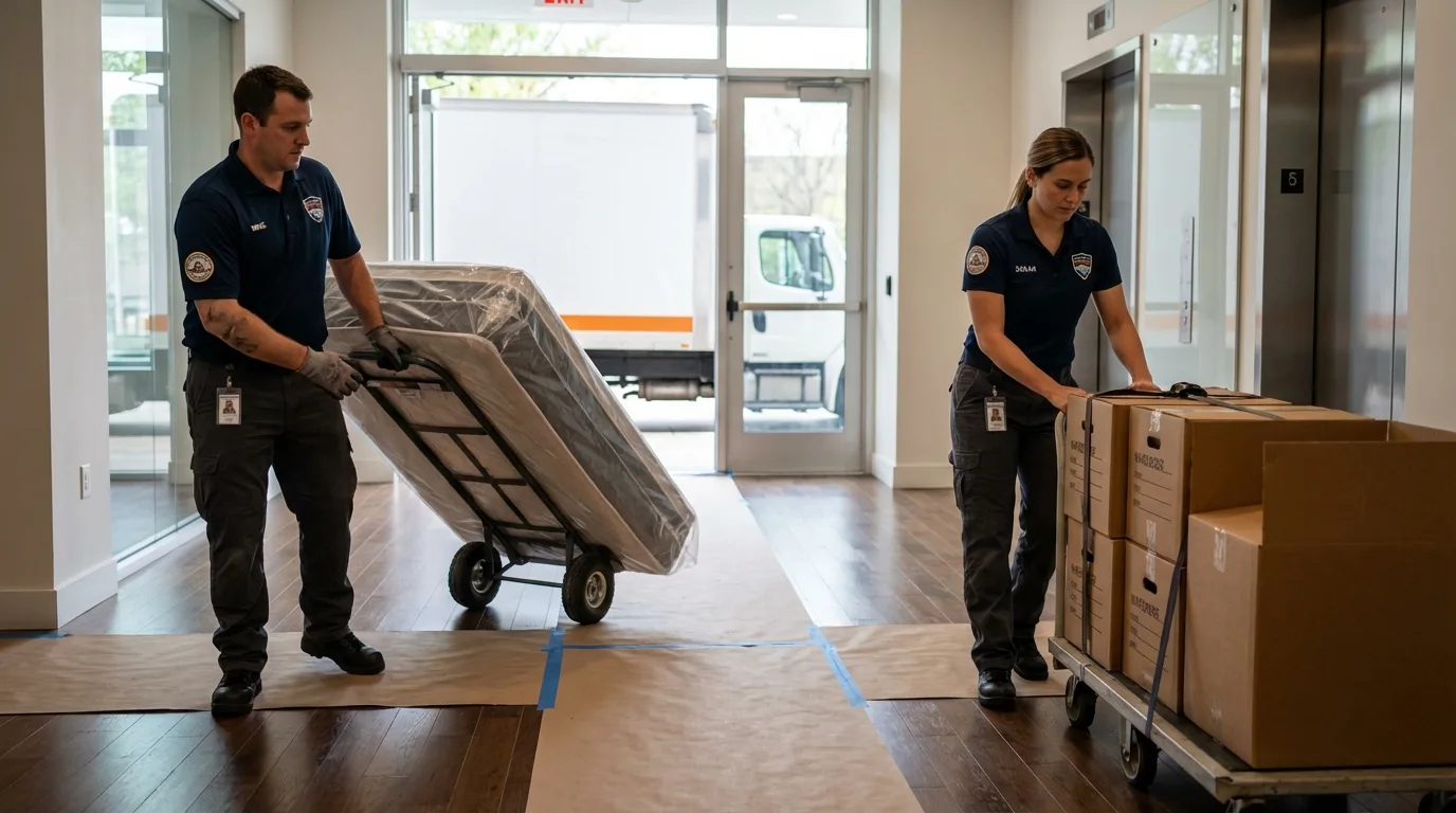 Professional apartment movers loading elevator in Winterport, ME