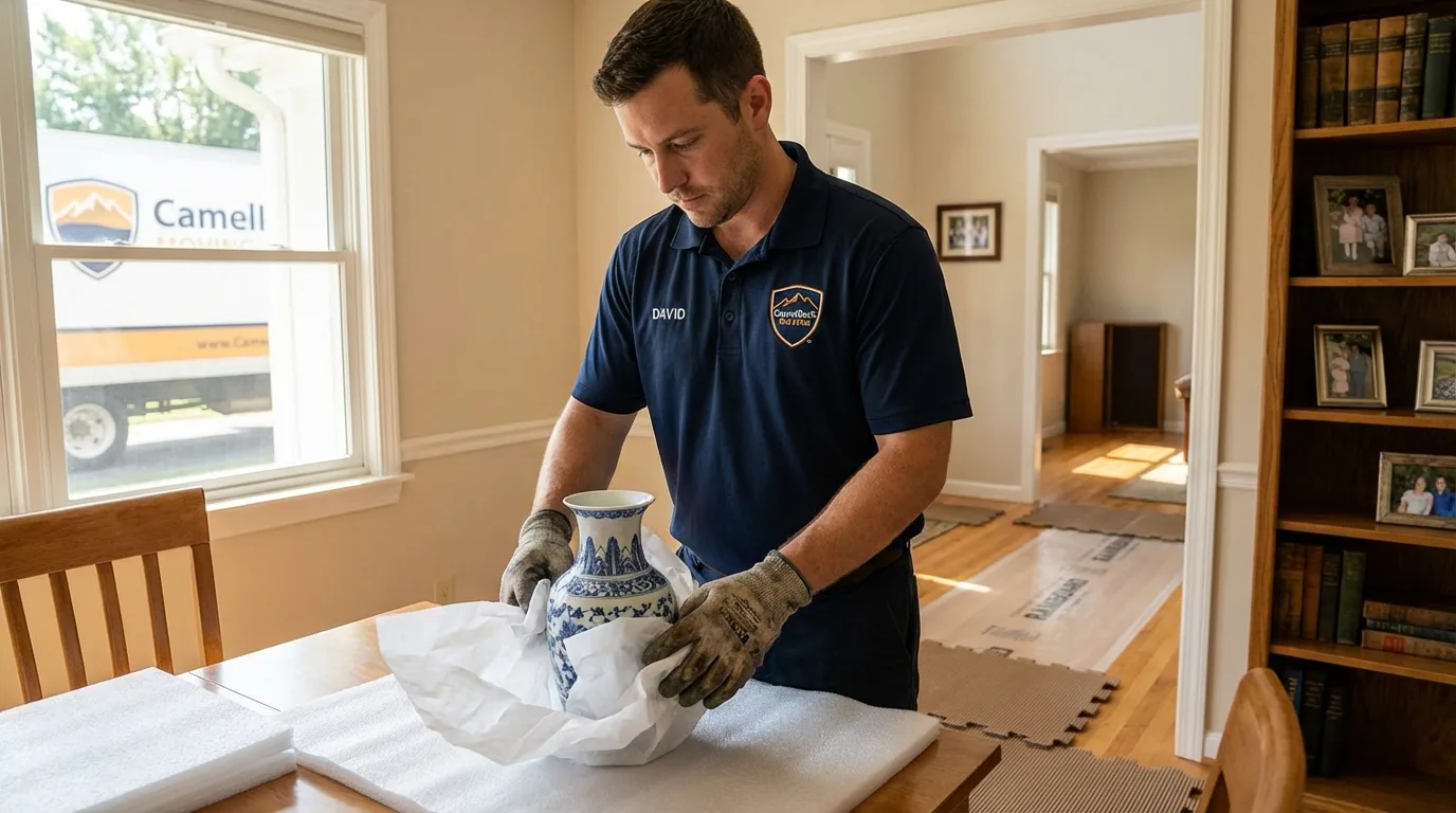 Professional crew carefully wrapping antique vase for senior downsizing move in Winterport, ME