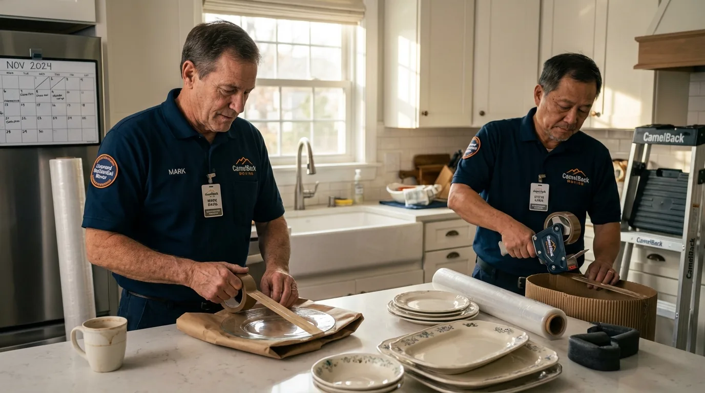 Professional crew packing kitchen dishware in Winterport, ME